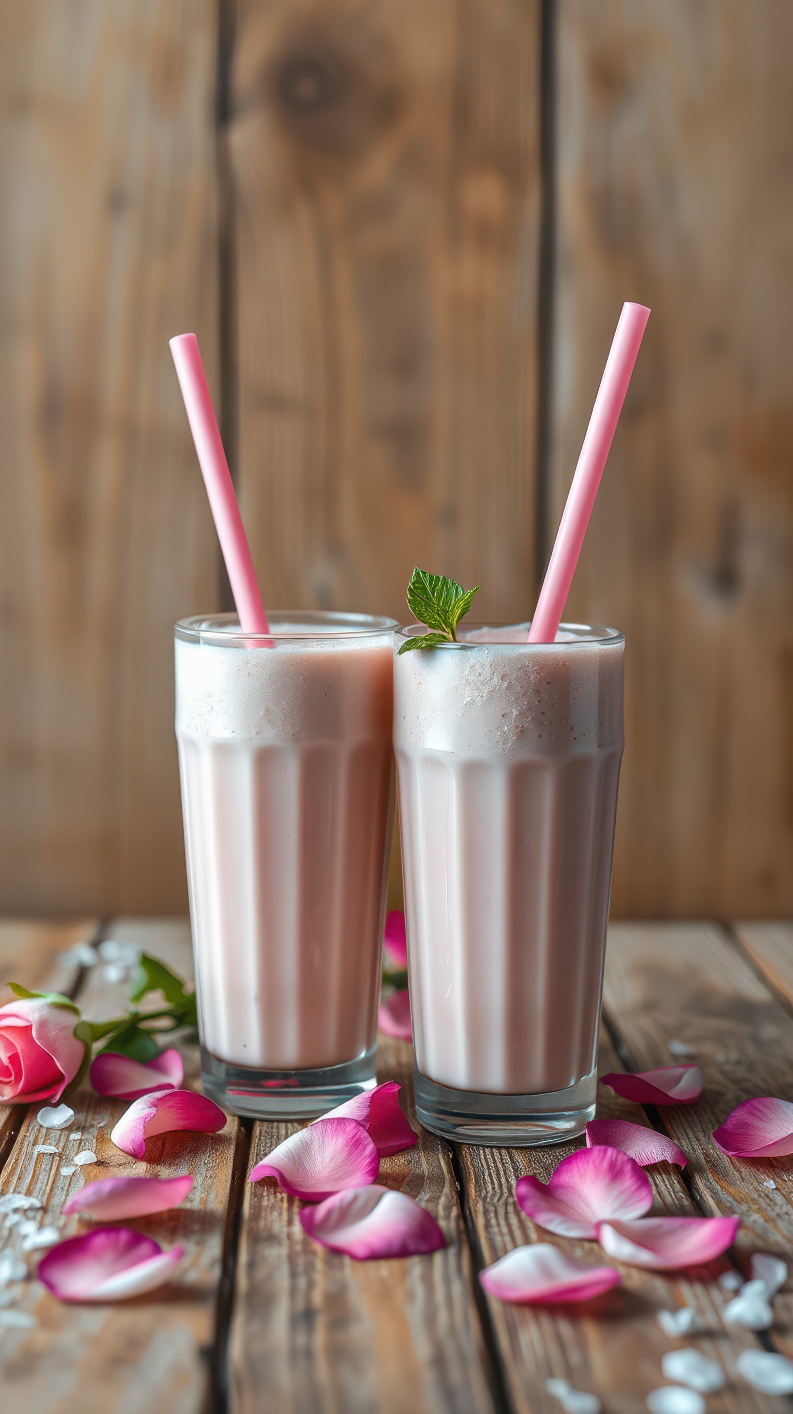 Refreshing milkshakes served in tall glasses with pink straws surrounded by rose petals